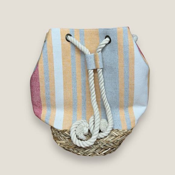 Global Stripe Rope Handle Woven Straw Tote Bag, Beach Backpack - Picture 2 of 5